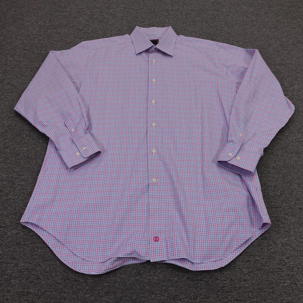 David Donahue Shirt Mens 17.5 34/35 Pink Blue Check Classic Cotton Dress